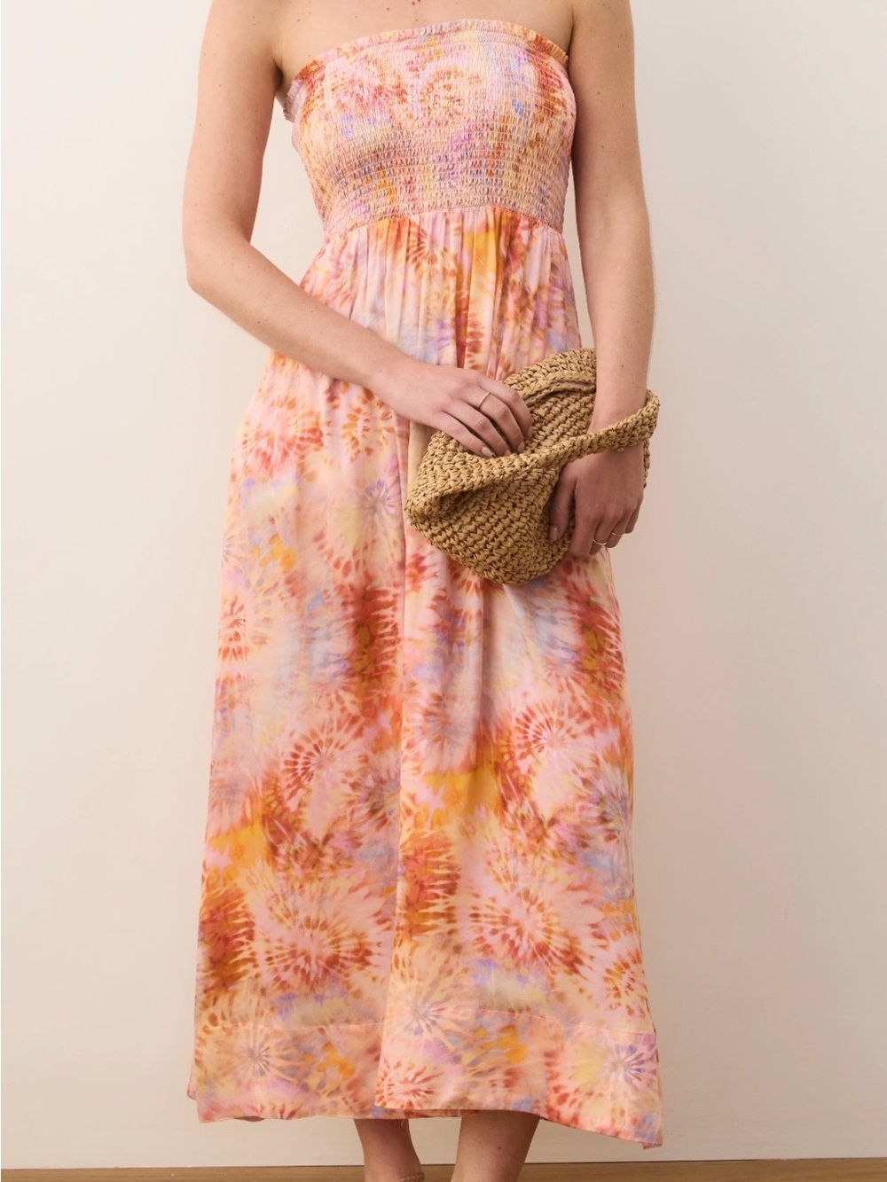 Marine Layer Sutton smocked Strapless Tie-Dye Maxi Dress in Peach & Lavender